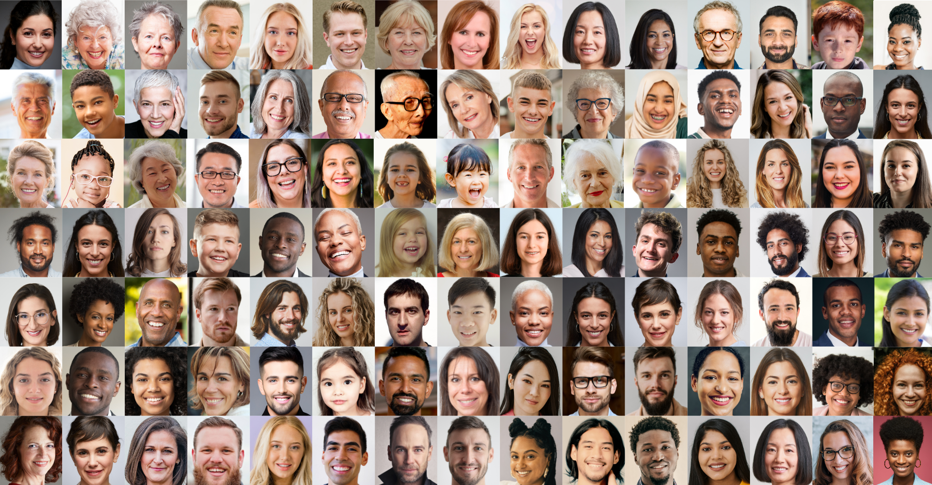 Diverse group of people with various facial expressions representing family eye care services.